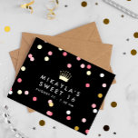 Carte Postale D'invitation À Feuilles D'aluminium Pink & Gold Confetti Crown Sweet 16 Anniversaire<br><div class="desc">Chic Sweet 16 invitation de carte postale en noir imprimé avec confetti en papier rose et blanc et doré. Sweet 16 invitation carte postale personnalisée avec le nom de la fille d'anniversaire sous une couronne princesse dorée.</div>