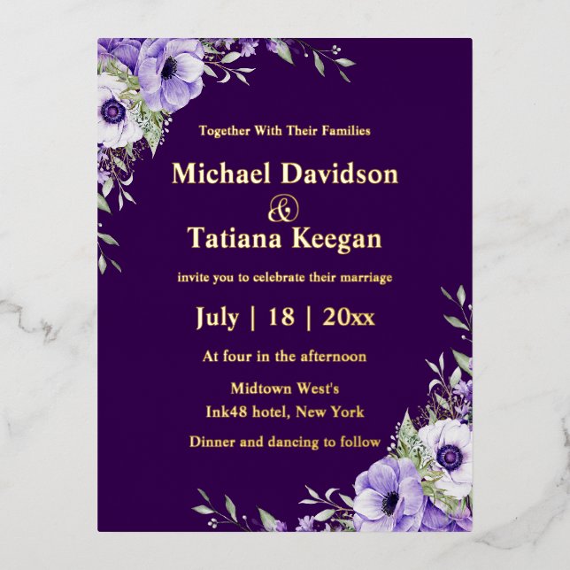 Carte Postale D'invitation À Feuilles D'aluminium plume violet or floral script mariage (Recto)