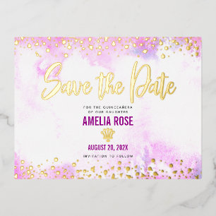 Carte Postale D'invitation À Feuilles D'aluminium Quinceañera Date de sauvegarde Aquarelle rose Véri