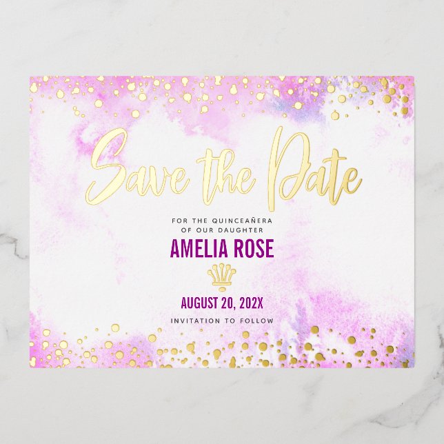Carte Postale D'invitation À Feuilles D'aluminium Quinceañera Date de sauvegarde Aquarelle rose Véri (Recto)