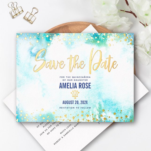 Carte Postale D'invitation À Feuilles D'aluminium Quinceañera Date de sauvegarde Couronne Turquoise  (Créateur téléchargé)