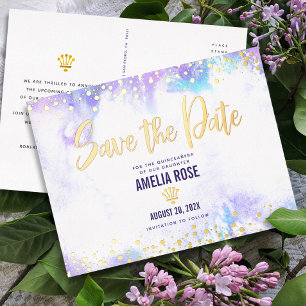 Carte Postale D'invitation À Feuilles D'aluminium Quinceañera Date de sauvegarde Purple Aquarelle Vé