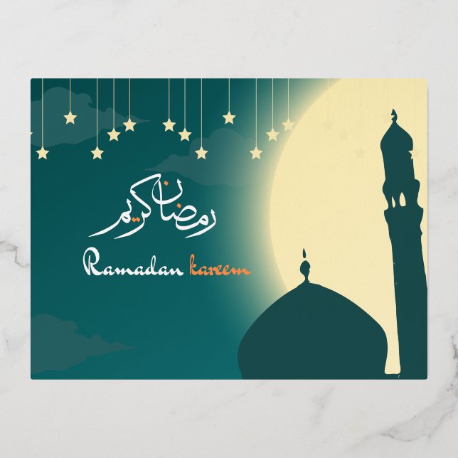 Carte Postale D'invitation À Feuilles D'aluminium Ramadan Kareem Salutations du Ramadan islamique (Recto)