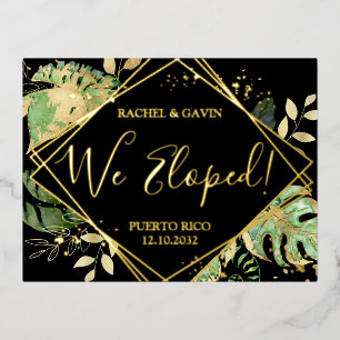 Carte Postale D'invitation À Feuilles D'aluminium Réception de mariage moderne tropical noir pour un