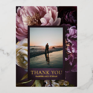 Carte Postale D'invitation À Feuilles D'aluminium Remerciement de mariage floral pourpre maximaliste