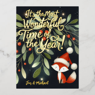 Carte Postale D'invitation À Feuilles D'aluminium Renard mignon au chapeau de Père Noël sous le gui