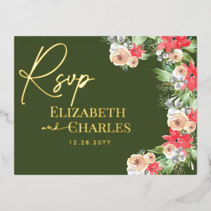 Carte Postale D'invitation À Feuilles D'aluminium Réponse Poinsettia Noël Fêtes