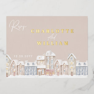 Carte Postale D'invitation À Feuilles D'aluminium Réponse pour la fête de Noël du village d'hiver