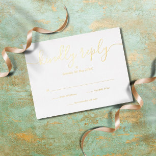 Carte Postale D'invitation À Feuilles D'aluminium Réponse Simple Élégante Script Or