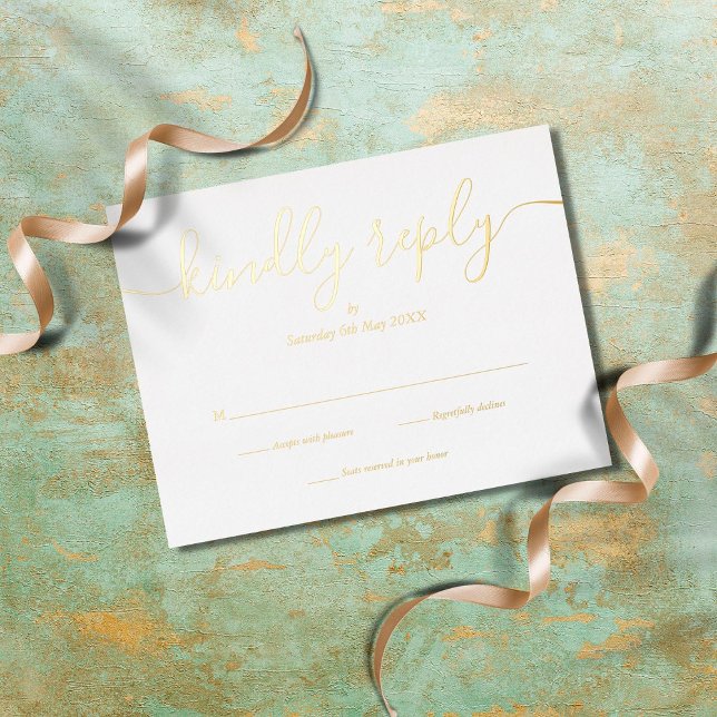 Carte Postale D'invitation À Feuilles D'aluminium Réponse Simple Élégante Script Or (Créateur téléchargé)
