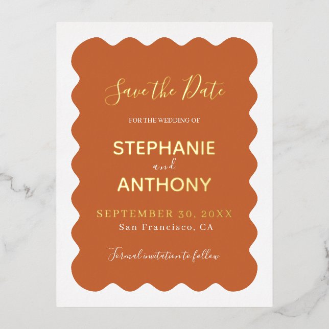 Carte Postale D'invitation À Feuilles D'aluminium Rétro 1950 Wavy Edge Mariage en terre cuite (Recto)