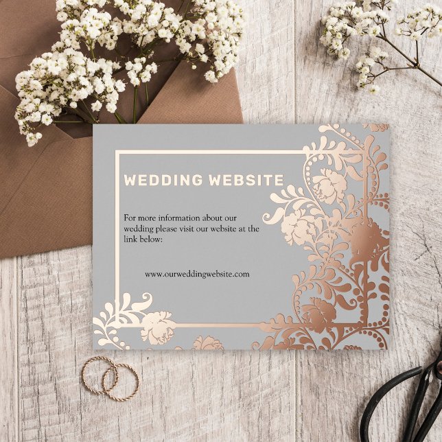 Carte Postale D'invitation À Feuilles D'aluminium Rose Gold Flowers et Frame Mariage site (Rose Gold Elegance Foil Wedding Website Card by the Elegant Wedding)