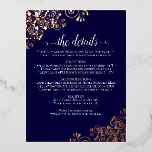 Carte Postale D'invitation À Feuilles D'aluminium Rose Gold Frills sur Navy Elegant Wedding Détails