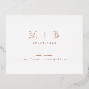 Carte Postale D'invitation À Feuilles D'aluminium Rose Gold Monogramme mariage Enregistrer la date