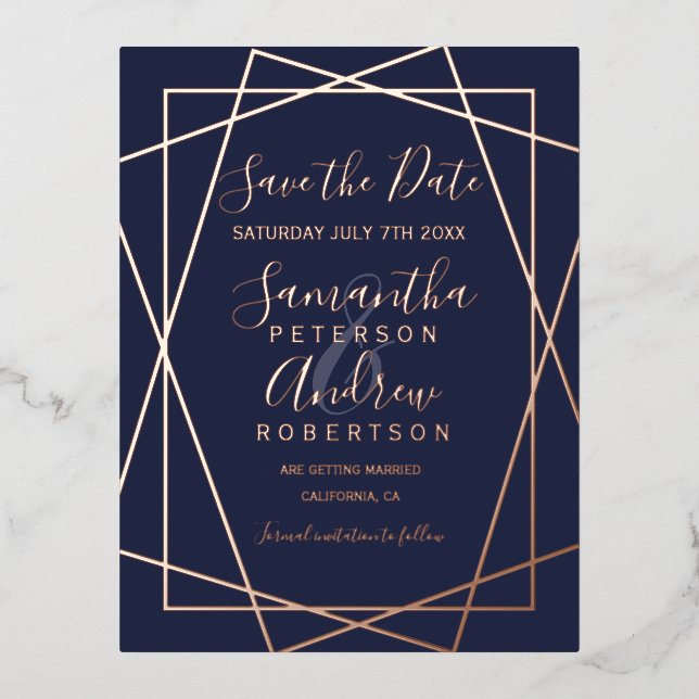 Carte Postale D'invitation À Feuilles D'aluminium Rose or géométrique marine bleu script enregistrer (Recto)