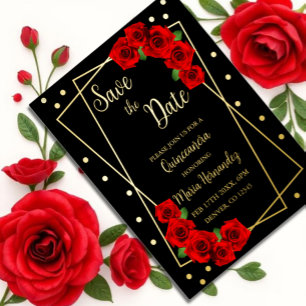 Carte Postale D'invitation À Feuilles D'aluminium Rose rouge Noir et or Quinceañera Enregistrer la d