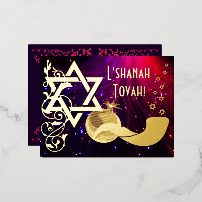 Carte Postale D'invitation À Feuilles D'aluminium Rosh Hashanah Star Shofar Lights Real Gold (Recto/Verso)