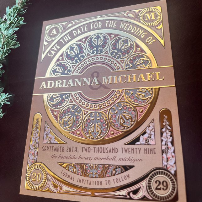 Carte Postale D'invitation À Feuilles D'aluminium Royal Nouveau Real Gold Foil Enregistrer la date (Créateur téléchargé)