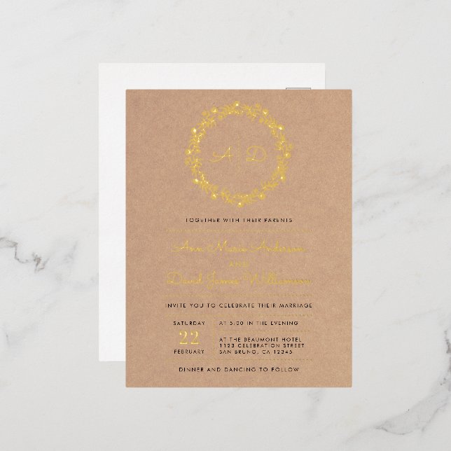 Carte Postale D'invitation À Feuilles D'aluminium Rustique Kraft Floral Mariage Wreath (Recto/Verso)