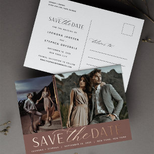 Carte Postale D'invitation À Feuilles D'aluminium Script lisse 2 Mariage photo Enregistrer la date