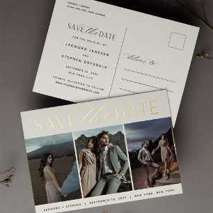 Carte Postale D'invitation À Feuilles D'aluminium Script lisse 3 Mariage photo Enregistrer la date