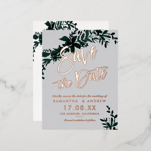 Carte Postale D'invitation À Feuilles D'aluminium Script or rose Floral vert gris enregistrer la dat