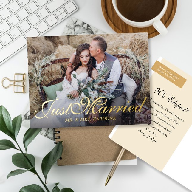 Carte Postale D'invitation À Feuilles D'aluminium Script Photo de Mariage (Créateur téléchargé)