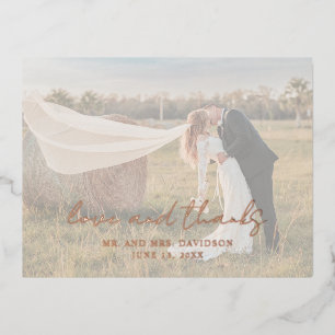 Carte Postale D'invitation À Feuilles D'aluminium Script rustique Photo Mariage moderne Merci