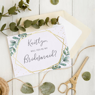 Carte Postale D'invitation À Feuilles D'aluminium Serez-Vous Mon Éucalyptus Géométrique