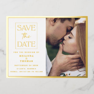 Carte Postale D'invitation À Feuilles D'aluminium Simple Chic Photo Enregistrer la date Mariage Gold