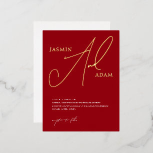 Carte Postale D'invitation À Feuilles D'aluminium Simple Crimson rouge Script Mariage or