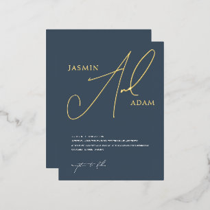 Carte Postale D'invitation À Feuilles D'aluminium Simple Royal Blue et Gold Script Mariage Gold