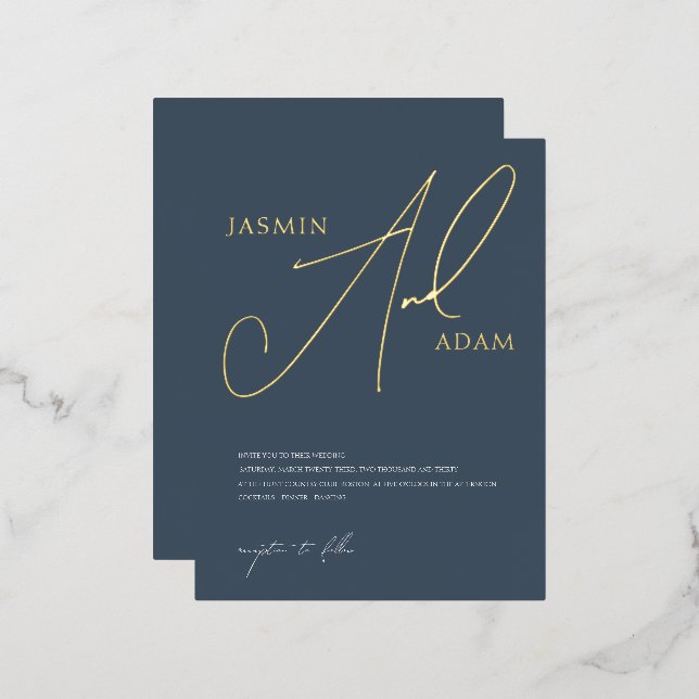 Carte Postale D'invitation À Feuilles D'aluminium Simple Royal Blue et Gold Script Mariage Gold (Recto/Verso)