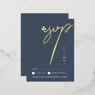 Carte Postale D'invitation À Feuilles D'aluminium Simple Royal Blue Gold Script de mariage RSVP Gold