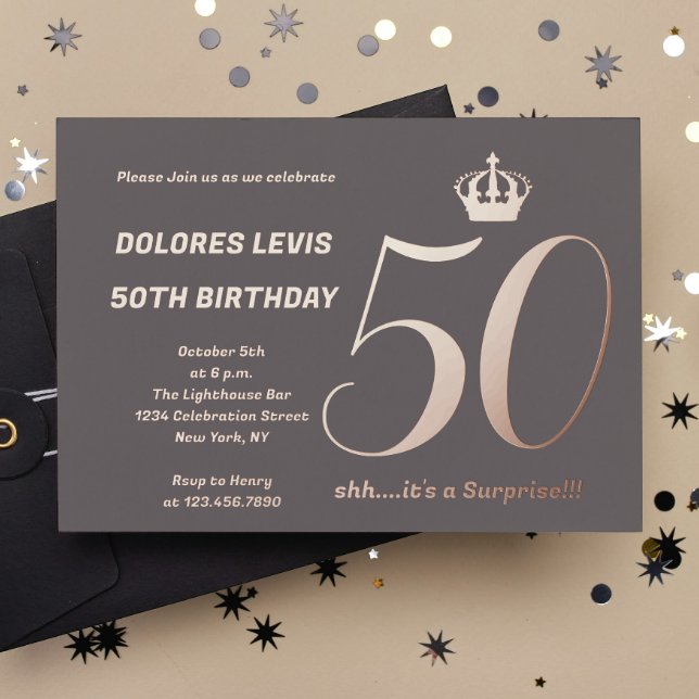 Carte Postale D'invitation À Feuilles D'aluminium Soirée d'anniversaire moderne 50 Rose Gold (Créateur téléchargé)