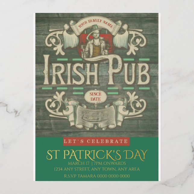 Carte Postale D'invitation À Feuilles D'aluminium St Patrick's Day Funny Personnalisé Pub irlandais (Recto)