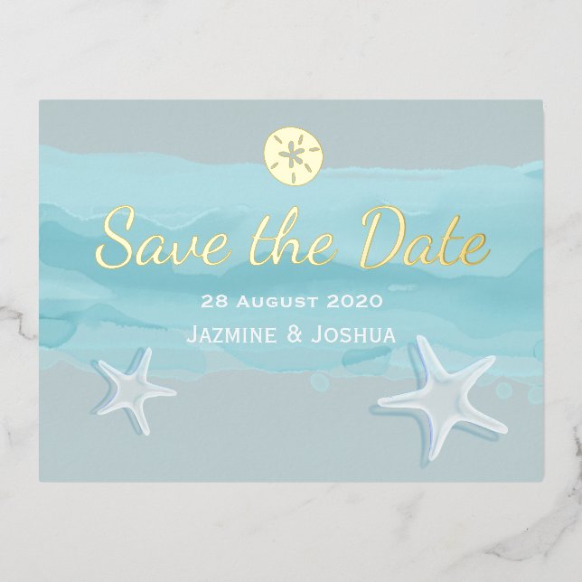 Carte Postale D'invitation À Feuilles D'aluminium Starfish, aqua aquarelle plage /enregistrer la dat (Recto)