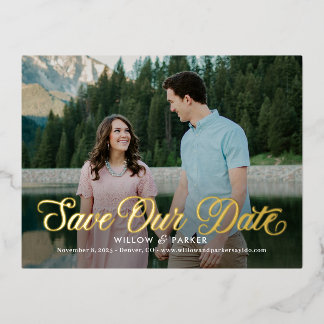 Carte Postale D'invitation À Feuilles D'aluminium Timeless Script FOIL Enregistrer La Date Postcard