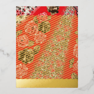 Carte Postale D'invitation À Feuilles D'aluminium Tissu rouge éclatant avec floral complexe et