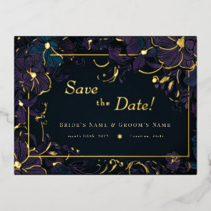 Carte Postale D'invitation À Feuilles D'aluminium Ton bijou Violet et Fleurs Turquoises