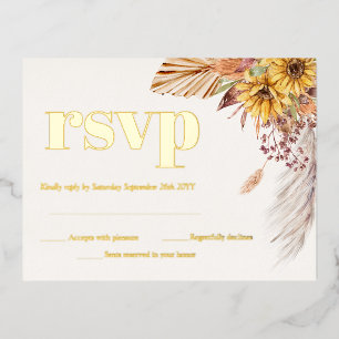 Carte Postale D'invitation À Feuilles D'aluminium Tournesol Boho Pampas Fleurs séchées RSVP Gold