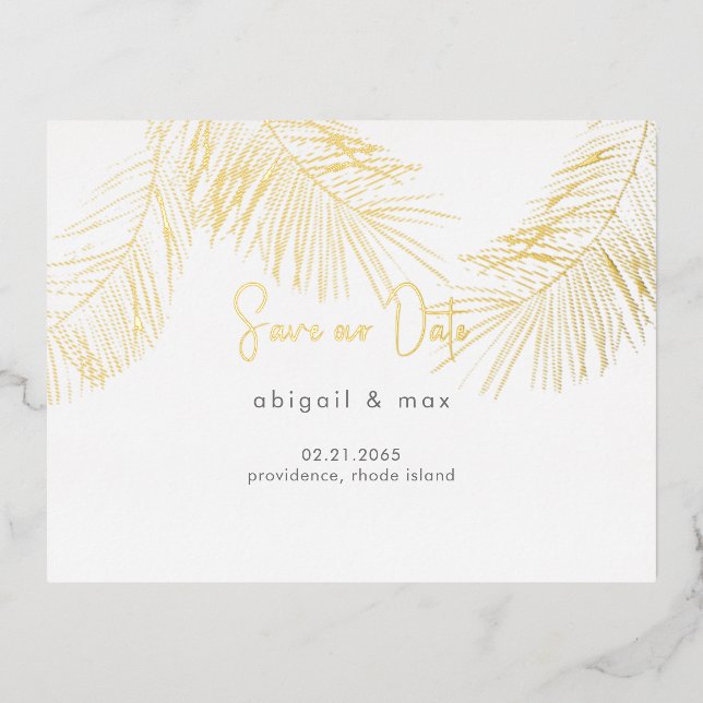 Carte Postale D'invitation À Feuilles D'aluminium Tropical Foliage Gold Mariage Enregistrer notre da (Recto)
