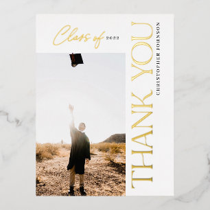 Carte Postale D'invitation À Feuilles D'aluminium Typographie moderne Graduation Merci Photo Foil