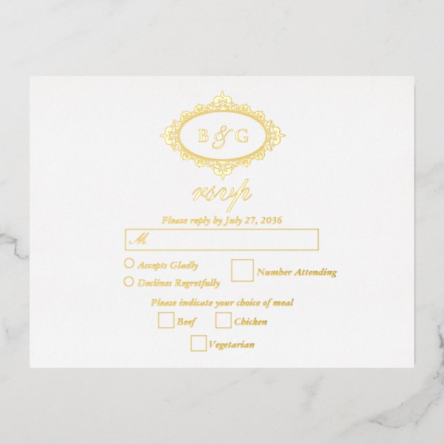 Carte Postale D'invitation À Feuilles D'aluminium Véritable couronne d'or Wreath Blanc mariage RSVP (Recto)