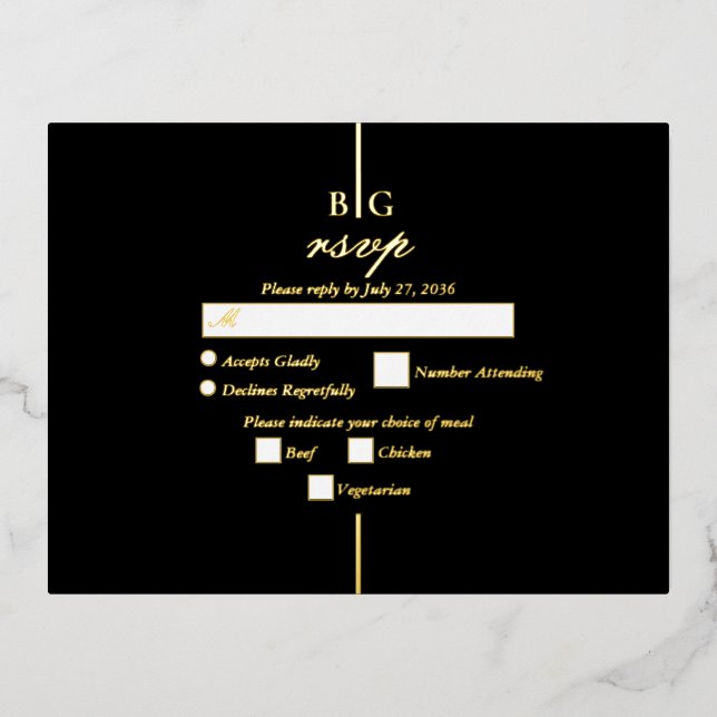 Carte Postale D'invitation À Feuilles D'aluminium Véritable Gold Foil Noir Monogramme Mariage RSVP (Recto)