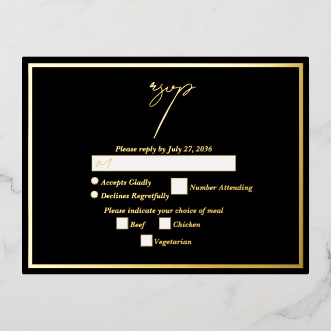 Carte Postale D'invitation À Feuilles D'aluminium Véritable Gold Foil Noir & Or Mariage RSVP (Recto)