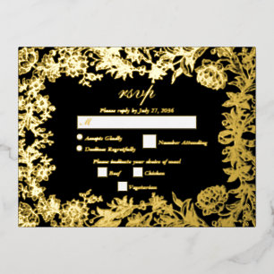 Carte Postale D'invitation À Feuilles D'aluminium Véritable huile d'or Floral Botanique Noir Mariage