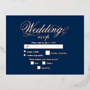 Carte Postale D'invitation À Feuilles D'aluminium Véritable Rose Gold Foil Elégant Blue Wedding RSVP