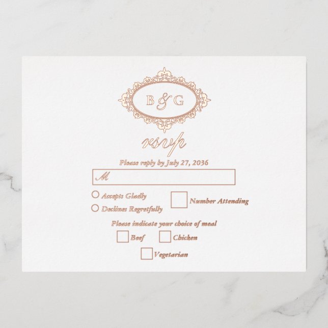 Carte Postale D'invitation À Feuilles D'aluminium Véritable Rose Gold Foil Wreath White Wedding RSVP (Recto)