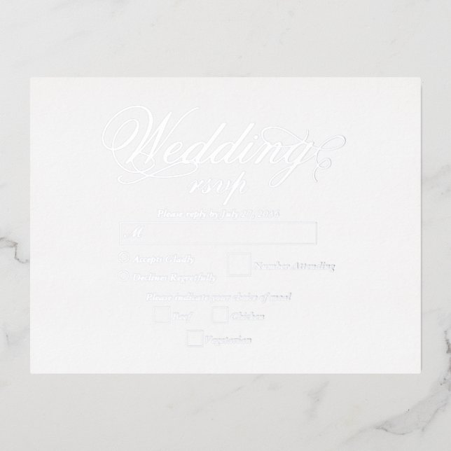 Carte Postale D'invitation À Feuilles D'aluminium Véritable Silver Foil Elégant Mariage Blanc Luxe R (Recto)